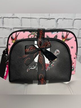 Ed Hardy Black & Pink Cosmetic Pouch Set
